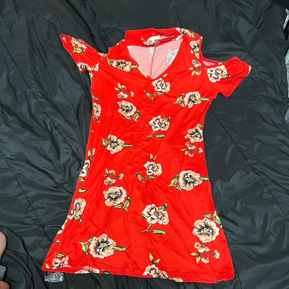Coral/orange floral choker style, cold shoulder, mini dress.